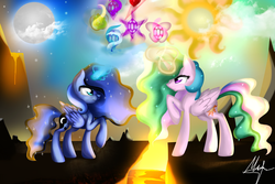 Size: 3000x2000 | Tagged: safe, artist:thelyuba1211, princess celestia, princess luna, g4, creation, elements of harmony, high res, magic, magma, moon, raised hoof, sun, volcano