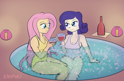 Size: 1000x650 | Tagged: safe, artist:empyu, fluttershy, rarity, human, g4, alcohol, candle, clothes, duo, duo female, female, hot tub, humanized, lesbian, one-piece swimsuit, romantic, ship:flarity, shipping, spa, swimsuit, wine, wine glass