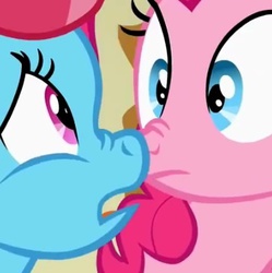 Size: 361x363 | Tagged: safe, screencap, cup cake, pinkie pie, earth pony, pony, baby cakes, g4, boop, frown, nose wrinkle, noseboop, open mouth, wide eyes