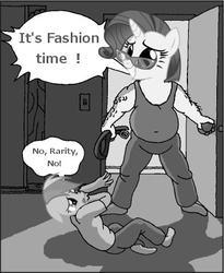 Size: 361x440 | Tagged: safe, rainbow dash, rarity, g4, belly button, comic, fashion, female, glasses, goofy time, grayscale, monochrome, rainbow dash always dresses in style, rarity's glasses