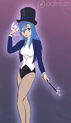 Size: 743x1280 | Tagged: safe, artist:scorpdk, princess luna, human, g4, beautiful, beautiful eyes, beautiful hair, blue eyes, blue hair, bow, bowtie, clothes, cosplay, cute, female, hat, humanized, legs, looking at you, lunabetes, magic wand, magician, magician outfit, open mouth, pantyhose, shiny, shiny eyes, shiny hair, smiling, smiling at you, solo, top hat, tuxedo, woman, zatanna