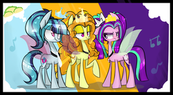Size: 2900x1600 | Tagged: safe, artist:jankrys00, adagio dazzle, aria blaze, sonata dusk, earth pony, pony, g4, :t, aria blaze is not amused, bedroom eyes, blushing, crown, ditz, equestria girls ponified, female, fin wings, floppy ears, frown, looking at someone, music notes, necklace, necktie, ponified, raised hoof, really, siblings, sisters, smiling, sonataco, taco, taco tuesday, that girl sure loves tacos, that pony sure does love tacos, that siren sure does love tacos, the dazzlings, thought bubble, trio, unamused, wings