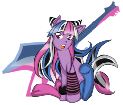 Size: 804x693 | Tagged: safe, artist:fourze-pony, earth pony, pony, askgundhampony, clothes, crossover, cute, danganronpa, danganronpa 2, female, guitar, ibuki mioda, mare, multicolored hair, not twilight sparkle, ponified, solo, stockings, tumblr comic, wild