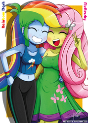 Size: 942x1322 | Tagged: safe, artist:the-butch-x, fluttershy, rainbow dash, equestria girls, g4, armpits, belly button, clothes, dress, duo, eyes closed, female, friendshipping, hand on hip, lesbian, midriff, nail polish, peace sign, ship:flutterdash, shipping, smiling, tank top