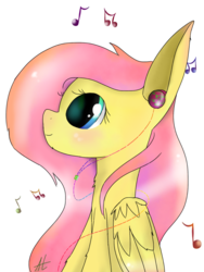 Size: 1024x1365 | Tagged: safe, artist:a-happy-thought, fluttershy, g4, earbuds, female, music notes, solo