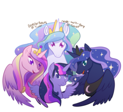 Size: 1280x1166 | Tagged: safe, artist:poniesforparents, princess cadance, princess celestia, princess luna, twilight sparkle, alicorn, pony, g4, alicorn tetrarchy, encouraging, female, mare, simple background, transparent background, twilight sparkle (alicorn)