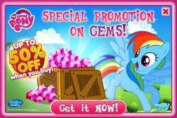 Size: 838x556 | Tagged: safe, gameloft, rainbow dash, g4, official, advertisement, female, gem, my little pony logo, solo