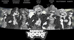 Size: 6496x3508 | Tagged: safe, artist:toonlancer, applejack, fluttershy, pinkie pie, rainbow dash, rarity, sunset shimmer, twilight sparkle, human, equestria girls, g4, my little pony equestria girls: rainbow rocks, absurd resolution, black and white, clothes, female, grayscale, humane five, humane seven, humane six, jacket, leather jacket, mane six, monochrome, sunglasses