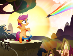 Size: 900x695 | Tagged: safe, artist:pixelkitties, rainbow dash, scootaloo, pegasus, pony, g4, female, filly, foal, house, ponyville, scooter, sonic rainboom, sun, tree