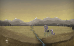 Size: 1280x803 | Tagged: safe, artist:slawomiro, fluttershy, g4, female, raised hoof, saddle bag, scenery, solo