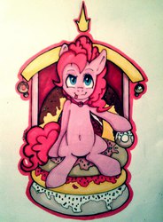 Size: 942x1280 | Tagged: safe, artist:shadowh00f, pinkie pie, g4, belly button, female, sitting, solo, throne, tongue out, traditional art