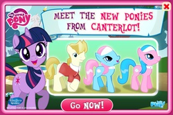 Size: 838x556 | Tagged: safe, gameloft, aloe, lotus blossom, suave touch, twilight sparkle, g4, official, advertisement, my little pony logo