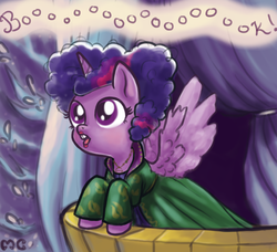 Size: 800x731 | Tagged: safe, artist:mcponyponypony, twilight sparkle, alicorn, pony, g4, afro, book, clothes, costume, crossover, female, hocus pocus (film), mare, singing, solo, that pony sure does love books, twilight sparkle (alicorn), winifred sanderson, witch, witch costume