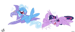Size: 2480x1066 | Tagged: safe, artist:jowyb, trixie, twilight sparkle, alicorn, pony, g4, female, laughing, laughingmares.jpg, mare, simple background, transparent background, twilight sparkle (alicorn)