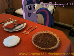 Size: 1280x960 | Tagged: safe, twilight sparkle, pony, unicorn, g4, female, food, fork, irl, knife, mare, pecan, pecan pie, photo, pie, plate, ponies in real life, silverware, spoon, thanksgiving, unicorn twilight