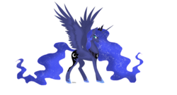 Size: 1217x656 | Tagged: dead source, safe, artist:mitzies, princess luna, g4, crown, female, harness, simple background, solo, wings