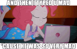 Size: 600x387 | Tagged: safe, edit, edited screencap, screencap, pinkie pie, equestria girls, g4, rainbow rocks, animated, balloon, bracelet, caption, clothes, computer, female, hue, image macro, jewelry, laptop computer, pinkie pie laptop, reaction image, slippers, text, trolling, typing, u mad