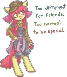 Size: 851x982 | Tagged: safe, artist:kyaokay, apple bloom, earth pony, anthro, unguligrade anthro, g4, apple, clothes, female, hat, older, overalls, solo, sweater