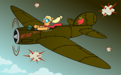 Size: 8000x5000 | Tagged: safe, artist:v0jelly, applejack, friendship is witchcraft, how applejack won the war, g4, absurd resolution, clothes, female, goggles, hilarious in hindsight, open mouth, plane, scarf, sky, solo