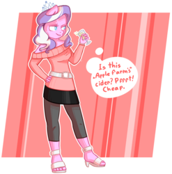 Size: 1024x1038 | Tagged: safe, artist:kyaokay, diamond tiara, earth pony, anthro, plantigrade anthro, g4, cider, clothes, feet, female, high heels, no hooves, older, sandals, solo, sweater