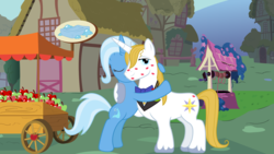 Size: 6222x3500 | Tagged: safe, artist:rainbowderp98, prince blueblood, trixie, pony, unicorn, g4, apple, cart, duo, female, food, great and powerful kisses, kiss mark, lipstick, male, mare, ship:bluetrix, shipping, soap, stallion, straight