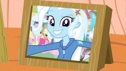 Size: 800x450 | Tagged: safe, spike, trixie, dragon quest, equestria girls, g4, my little pony equestria girls: rainbow rocks, photobomb, photobombing trixie, picture frame, the saddest picture in equestria