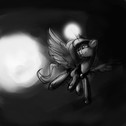 Size: 1200x1200 | Tagged: safe, artist:anticular, princess luna, alicorn, pony, lunadoodle, g4, female, flying, grayscale, looking back, mare, monochrome, peytral, solo