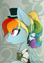 Size: 1000x1414 | Tagged: safe, artist:royaltale, rainbow dash, g4, alternate hairstyle, clothes, female, hat, solo, steampunk