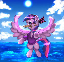 Size: 2723x2649 | Tagged: safe, artist:everlastingderp, idw, twilight sparkle, alicorn, pony, g4, clothes, cute, female, flying, glasses, high res, looking at you, mare, mouth hold, pince-nez, pirate, pointing, shirt, smiling, solo, spread wings, twiabetes, twilight sparkle (alicorn), underhoof, wooden sword