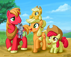 Size: 1000x800 | Tagged: safe, artist:uotapo, apple bloom, applejack, big macintosh, smarty pants, earth pony, pony, g4, accessory swap, apple siblings, applejack plushie, applejack's hat, blushing, cottagecore, cowboy hat, cute, female, filly, foal, hat, jackabetes, macabetes, male, mare, plushie, plushies riding ponies, riding, self riding, stallion, uotapo is trying to murder us