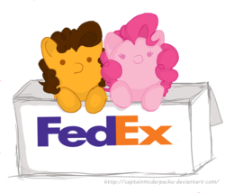 Size: 940x804 | Tagged: safe, artist:everlastingderp, cheese sandwich, pinkie pie, g4, chibi, cute, fedex, female, male, pun, ship:cheesepie, shipping, straight, visual pun