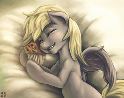 Size: 2015x1604 | Tagged: safe, artist:mrs1989, derpy hooves, pegasus, pony, g4, bed, eyes closed, female, happy, mare, muffin, on side, smiling, solo, that pony sure does love muffins