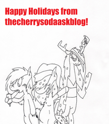 Size: 500x567 | Tagged: safe, artist:thecherrysodaaskblog, queen chrysalis, oc, oc:cherry soda, oc:kitty kat, hybrid, tumblr:thecherrysodaaskblog, g4, antlers, can, christmas, christmas cards, hat, holiday greeting, soda, tongue frozen, tumblr, waving