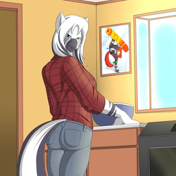 Size: 1280x1280 | Tagged: safe, artist:marik azemus34, apple bloom, zecora, zebra, anthro, g4, ass, bedroom eyes, butt, clothes, female, jeans, kitchen, long hair, loose hair, solo, waifu