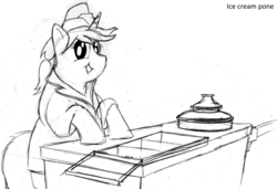 Size: 2343x1602 | Tagged: safe, artist:fatponysketches, oc, oc only, pony, unicorn, belly, cart, chubby, clothes, fat, hat, ice cream salesmare, monochrome, solo