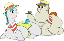 Size: 2980x1927 | Tagged: safe, artist:fatponysketches, fair way, peachy pitt, pony, unicorn, g4, belly, boater, clothes, duo, fat, female, hat, long neck, mare, morbidly obese, obese, salesmare, salespony, shirt, twin braids, wardrobe malfunction