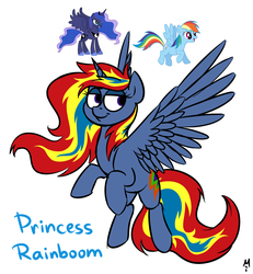 Size: 1015x1100 | Tagged: safe, artist:milchik, princess luna, rainbow dash, oc, oc:princess rainboom, alicorn, pony, g4, alicorn oc, fusion