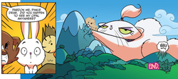Size: 837x374 | Tagged: safe, idw, official comic, angel bunny, opalescence, owlowiscious, winona, bird, cat, dog, owl, rabbit, g4, spoiler:comic, spoiler:comic23, animal, exclamation point, growth, macro, mountain