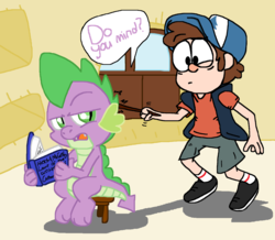 Size: 2356x2056 | Tagged: safe, artist:tagman007, spike, dragon, human, g4, book, crossover, dipper pines, duo, duo male, golden oaks library, gravity falls, high res, male, poking