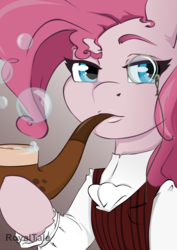 Size: 1000x1414 | Tagged: safe, artist:royaltale, pinkie pie, g4, bubble pipe, clothes, female, monocle, solo