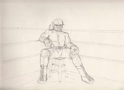 Size: 3496x2552 | Tagged: safe, artist:kegisak, dumbbell, human, ask hoops and dumbbell, g4, boots, boxing, boxing boots, boxing gloves, boxing ring, boxing shorts, clothes, grayscale, high res, humanized, monochrome, shoes, shorts, traditional art, weights