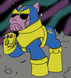 Size: 425x466 | Tagged: safe, pony, infinity gauntlet, infinity gems, marvel, ponified, roflanebalo, solo, space, thanos