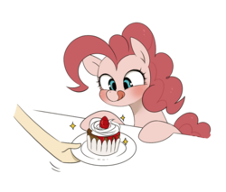 Size: 868x740 | Tagged: safe, artist:うめぐる, pinkie pie, human, g4, blushing, cupcake, disembodied hand, licking lips, smiling, tongue out