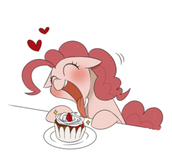 Size: 788x744 | Tagged: safe, artist:うめぐる, pinkie pie, cupcake, cute, diapinkes, eyes closed, female, floppy ears, mawshot, open mouth, solo, tongue out