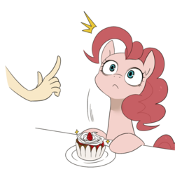 Size: 842x836 | Tagged: safe, artist:うめぐる, pinkie pie, earth pony, human, pony, g4, cupcake, disembodied hand, finger, food, frown
