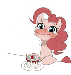 Size: 754x797 | Tagged: safe, artist:うめぐる, pinkie pie, earth pony, pony, g4, crying, cupcake, cute, diapinkes, female, food, pouting, sad, sadorable, shaking, simple background, solo, white background