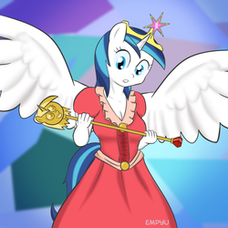 Size: 1000x1000 | Tagged: safe, artist:empyu, shining armor, alicorn, anthro, g4, alicornified, breasts, busty gleaming shield, element of magic, gleaming shield, princess, princess gleaming shield, race swap, rule 63, solo, twilight scepter