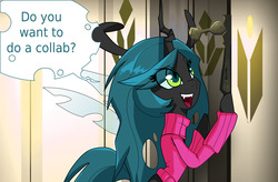 Size: 1280x841 | Tagged: safe, artist:jokerpony, queen chrysalis, ask teen chrysalis, g4, clothes, do you want to build a snowman, frozen (movie), song reference, sweater