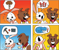Size: 1267x1087 | Tagged: safe, idw, official comic, angel bunny, winona, g4, spoiler:comic, spoiler:comic23, cropped, derp