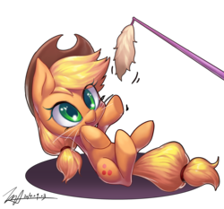 Size: 3000x2791 | Tagged: dead source, safe, artist:jggjqm522, applejack, pony, g4, applecat, behaving like a cat, cute, eye clipping through hair, feather wand, female, high res, jackabetes, silly, silly pony, solo, who's a silly pony